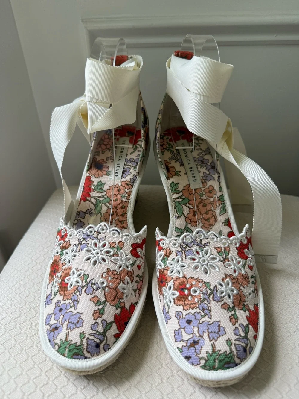 Veronica Beard Soleil White Floral  Embroidered Espadrille Wedges Sandal